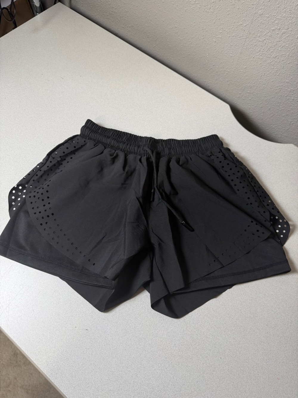 Women's Black Layered Athletic Shorts with Laser-Cut Details